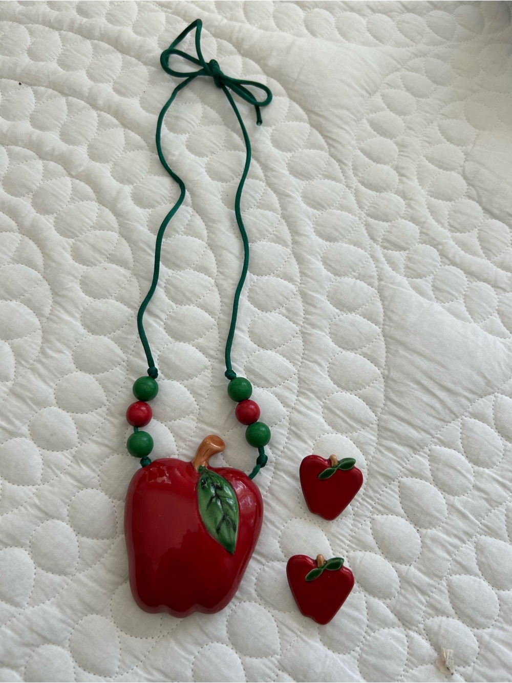 Red Apple Necklace and Earring Set - Green Cord Beads